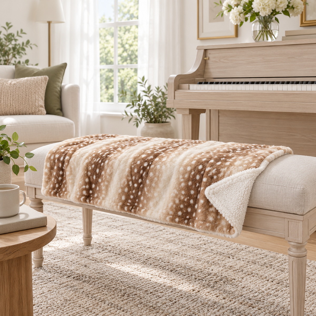 Linsavo brown throw blanket in a single layer drape showing its plush profile in a piano sitting room
