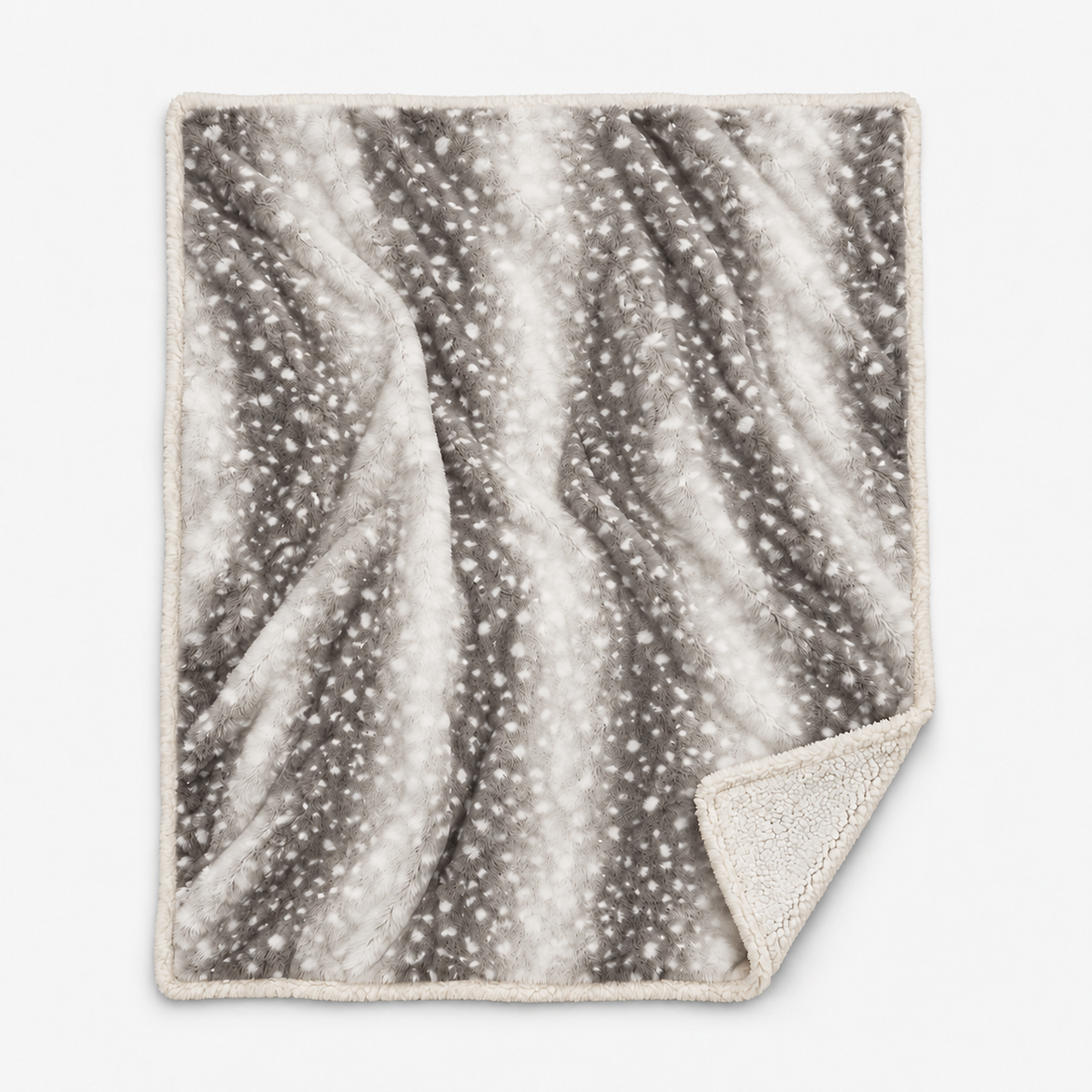 Linsavo gray sherpa throw blanket with a spotted print laid open on a seamless white background #color_gray
