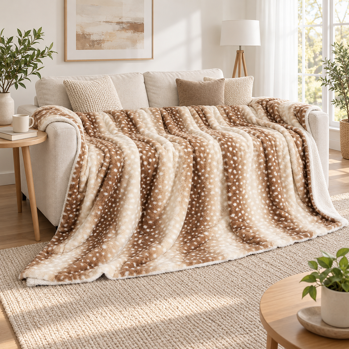 Linsavo large brown throw blanket for couch spread along the seat of a loveseat in a bright living room
