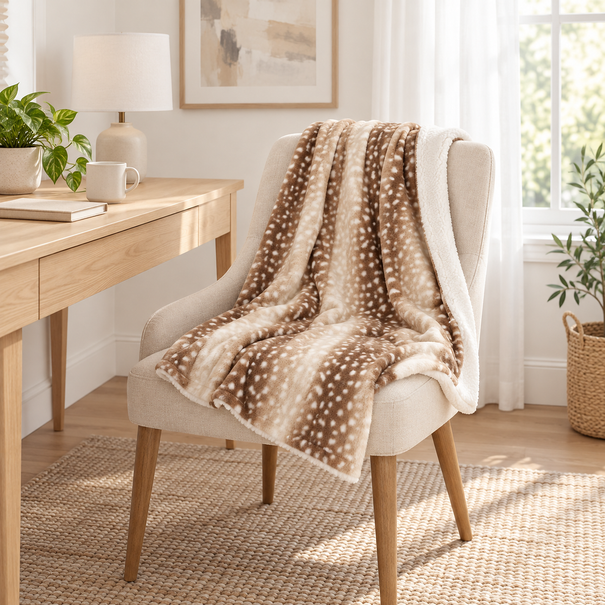Linsavo small brown plush throw blanket opened on a desk chair in a bright window study