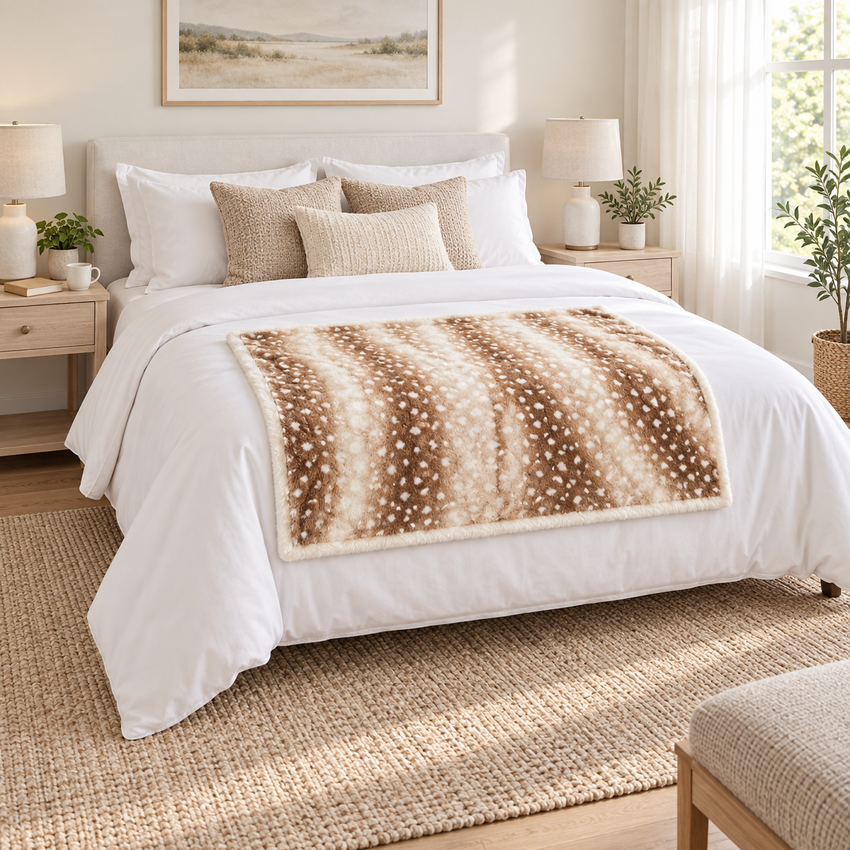 Linsavo small brown soft throw blanket centered at the foot of a bed in a guest bedroom