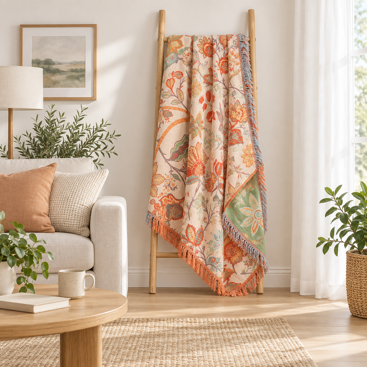 Lirassa cream and orange cotton throw blanket hung open on a blanket ladder with a corner turned to show both sides