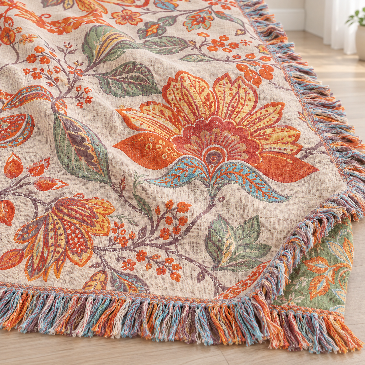 Lirassa cream and orange cotton throw blanket in close up, showing the yarn dyed floral muslin weave