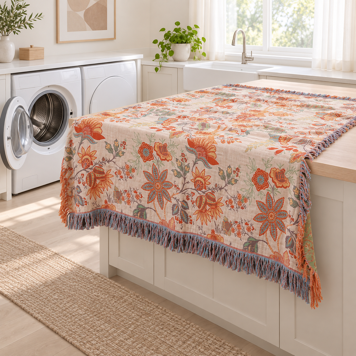 Lirassa cream and orange cotton throw blanket, machine washable, folded ready beside a washer and dryer