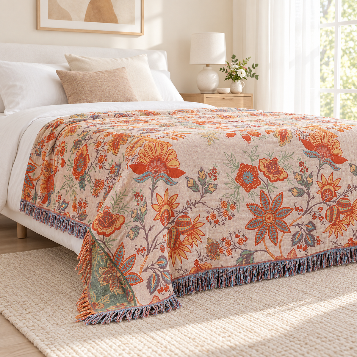 Lirassa cream and orange soft throw blanket in cotton muslin draped over the side of a twin bed in a guest bedroom