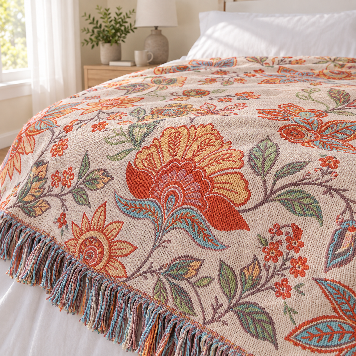 Lirassa cream and orange soft throw blanket spread open on a bed with white pillows in a bright bedroom