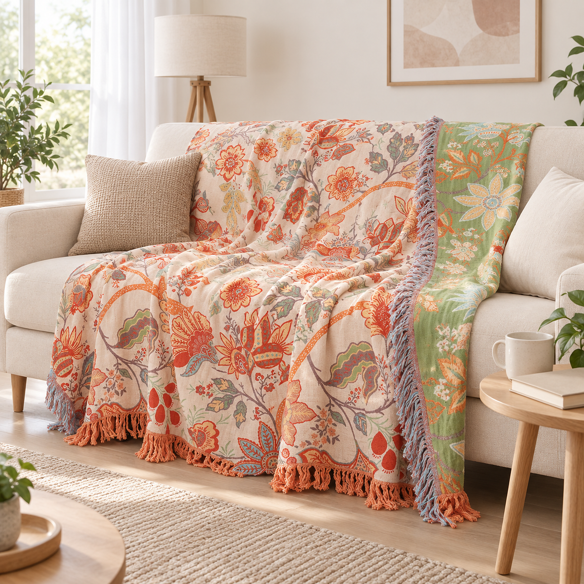 Lirassa cream and orange soft throw blanket used as a sofa cover with a corner turned to show its other color