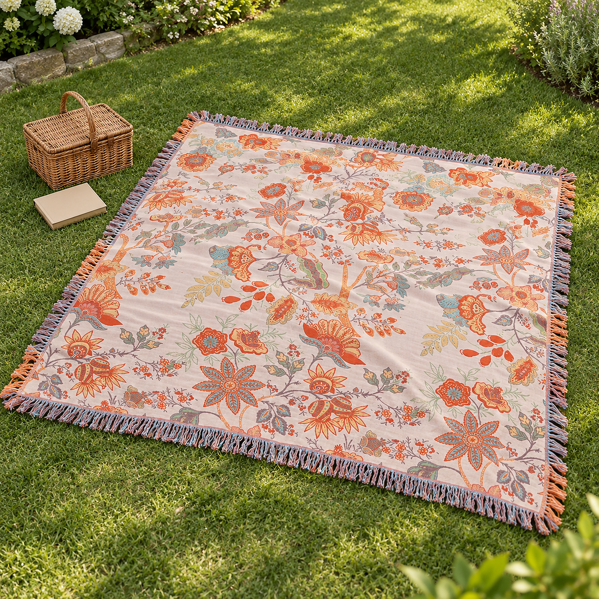 Lirassa cream and orange throw blanket spread open on a quiet garden lawn on a sunny day