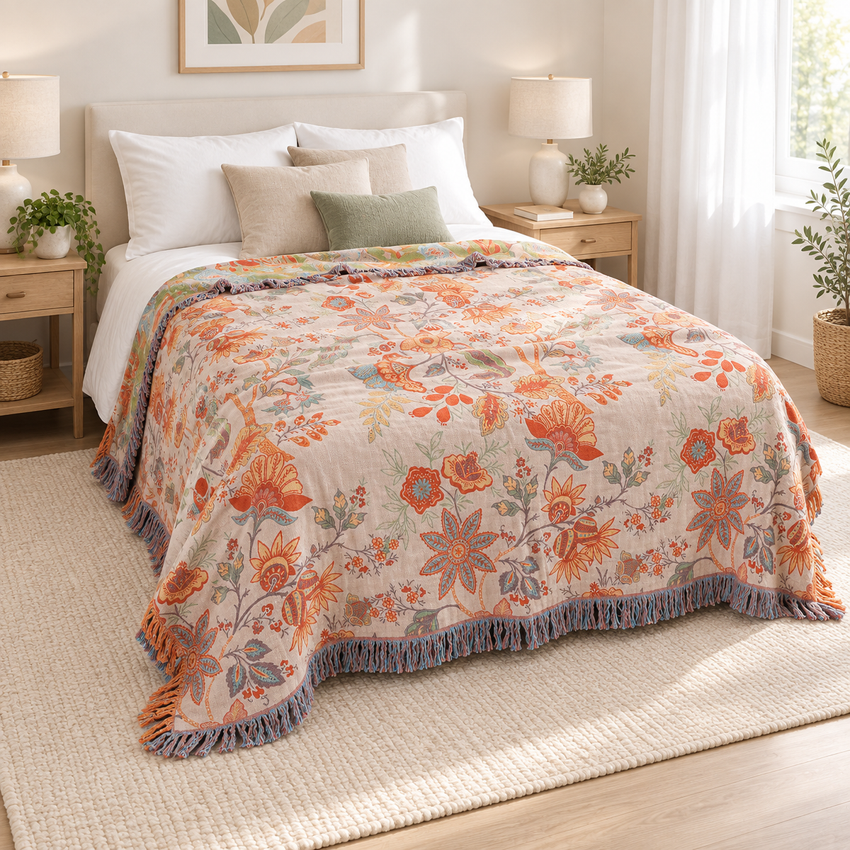 Lirassa cream and orange throw blanket spread over a white twin bed in a bright guest bedroom