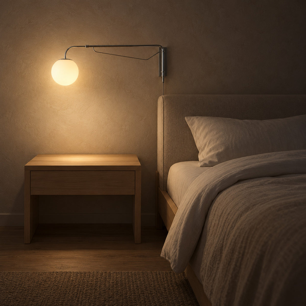 Lirelso chrome and white bedside wall light glowing at night in a bedroom, leaving the nightstand top clear