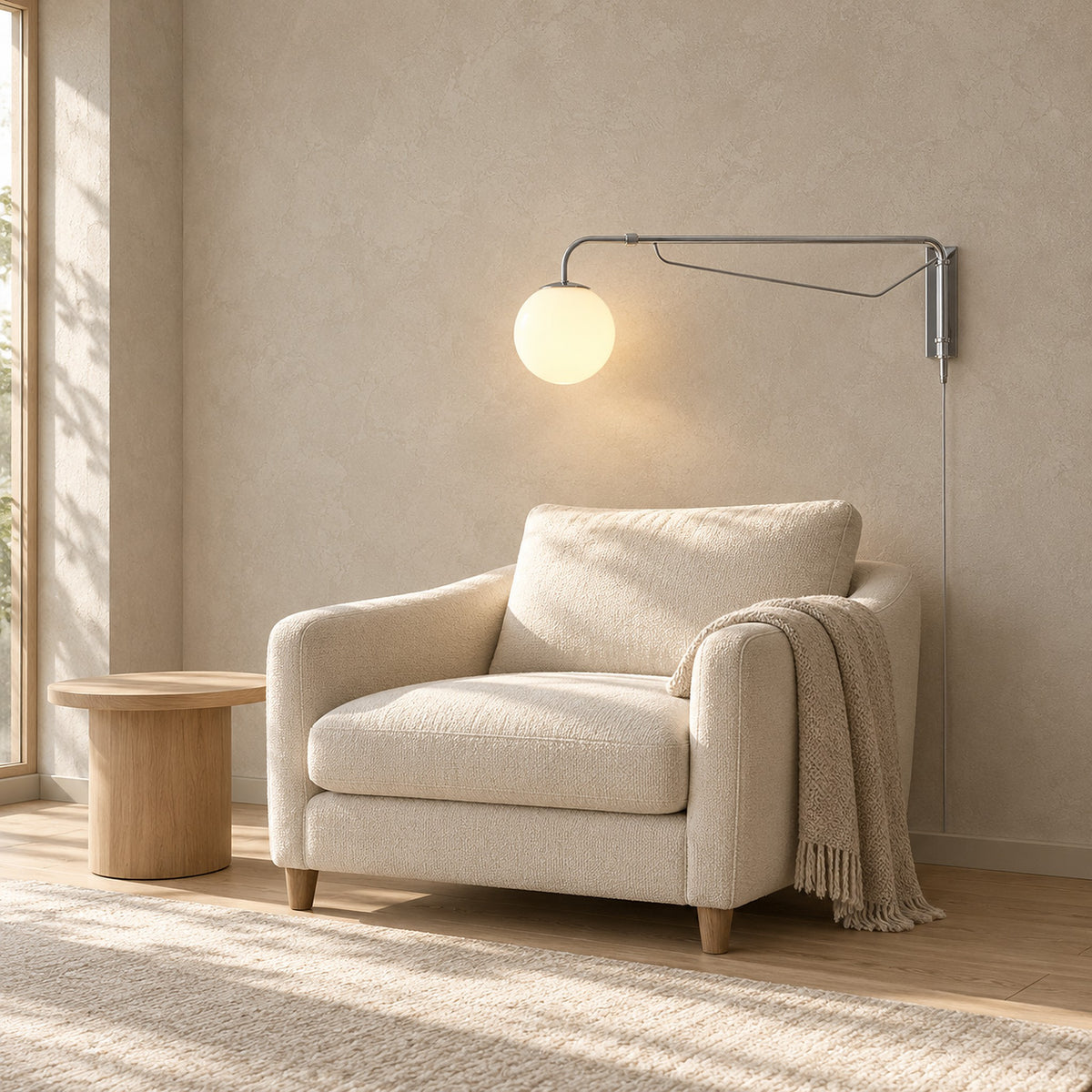 Lirelso chrome and white plug in wall lamp lit beside an armchair in a bright living room