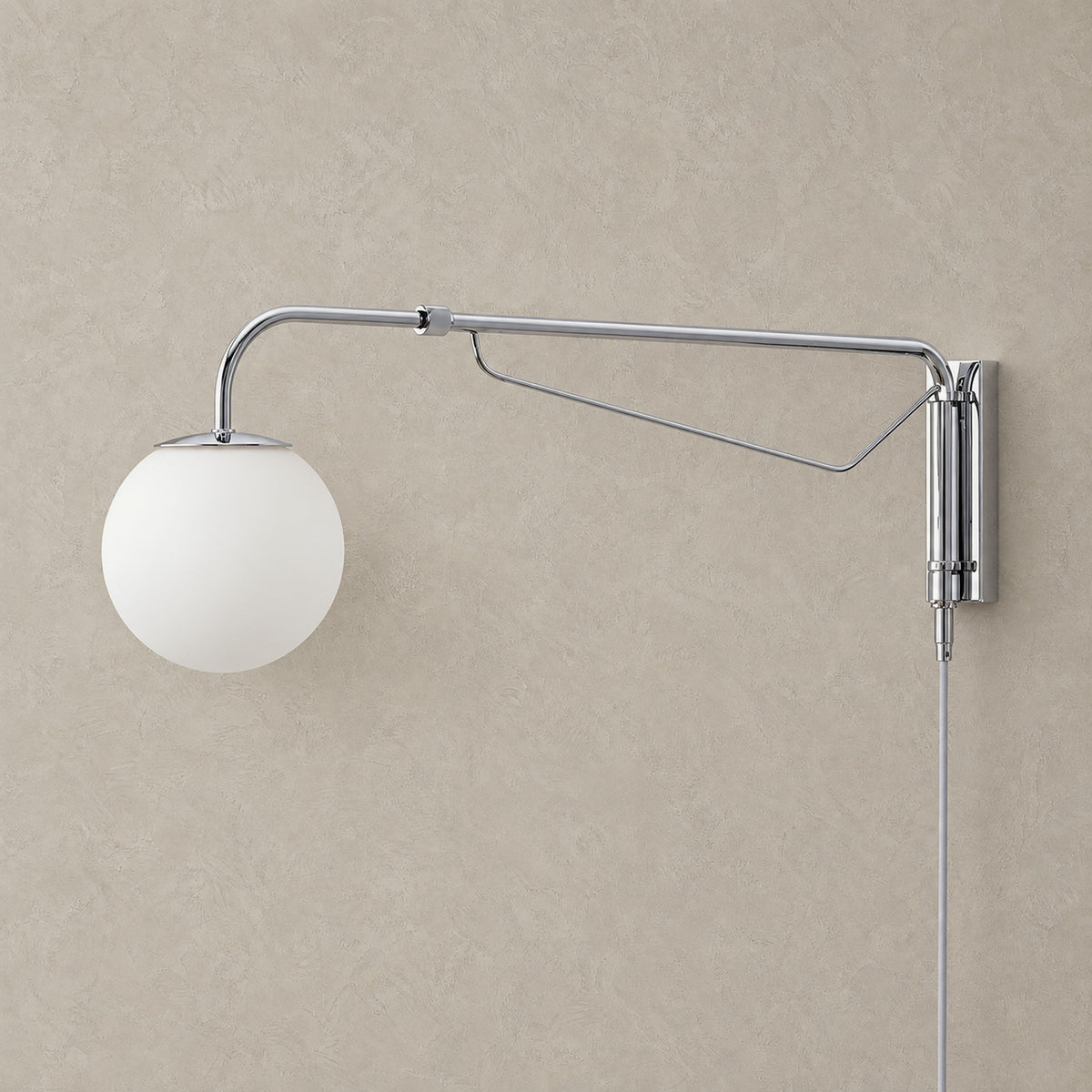 Lirelso chrome and white plug in wall sconce, unlit, frosted globe on telescoping arm, takes an led wall sconce bulb