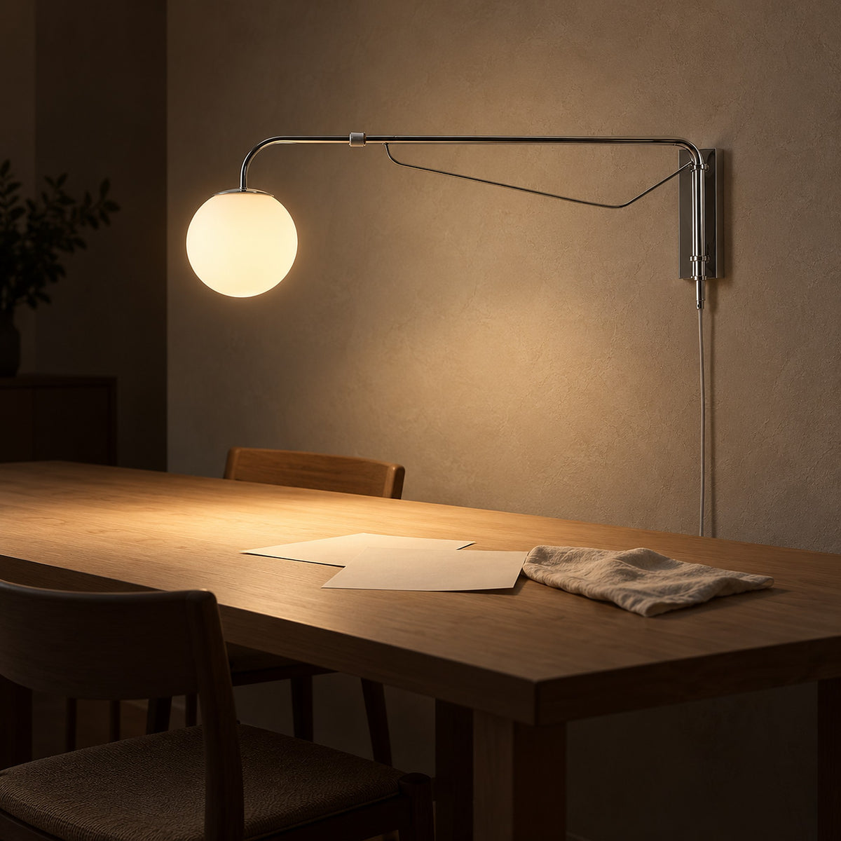 Lirelso chrome and white wall light shining over evening craft work in a dining room nook