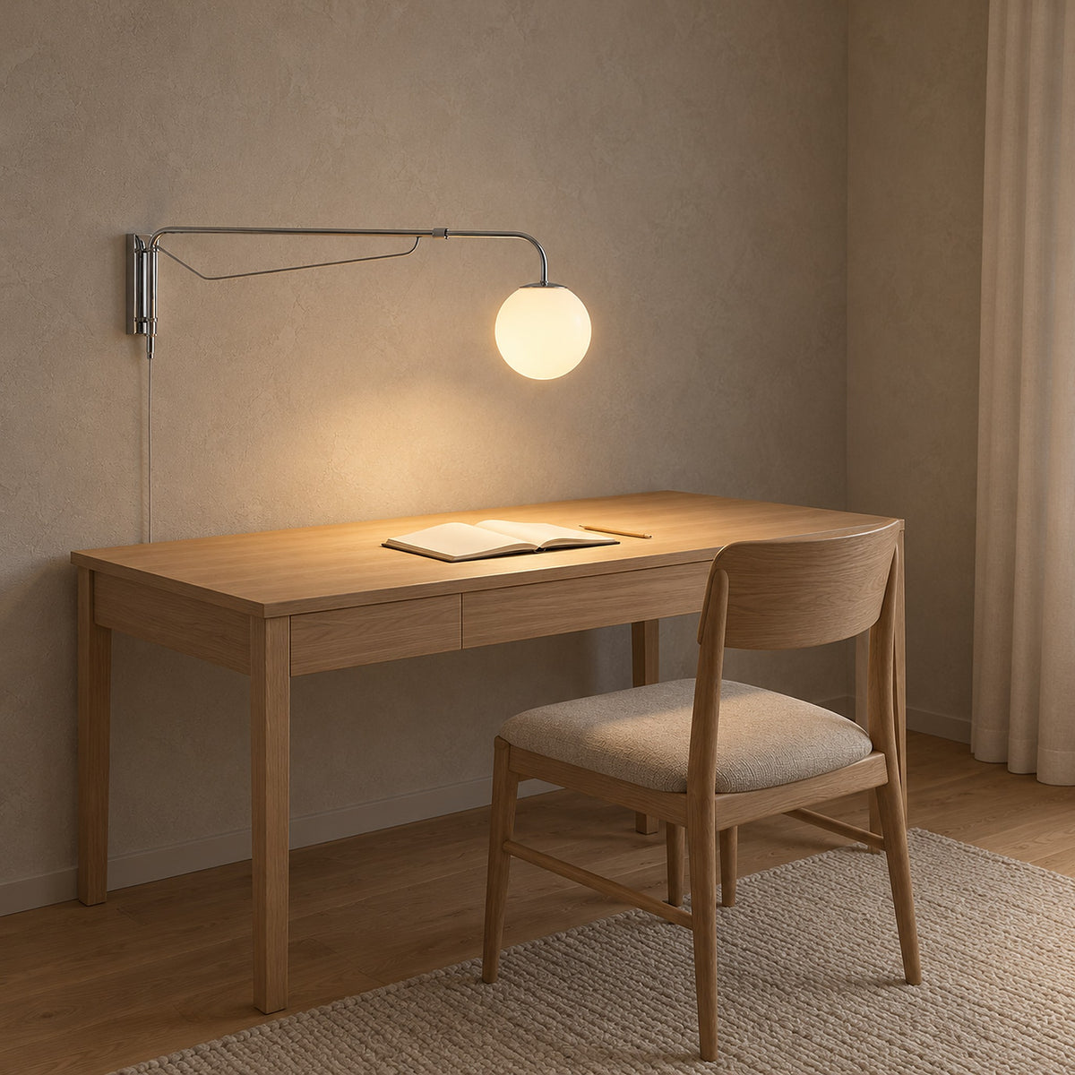 Lirelso chrome and white wall sconce extending its telescoping arm over a home office desk