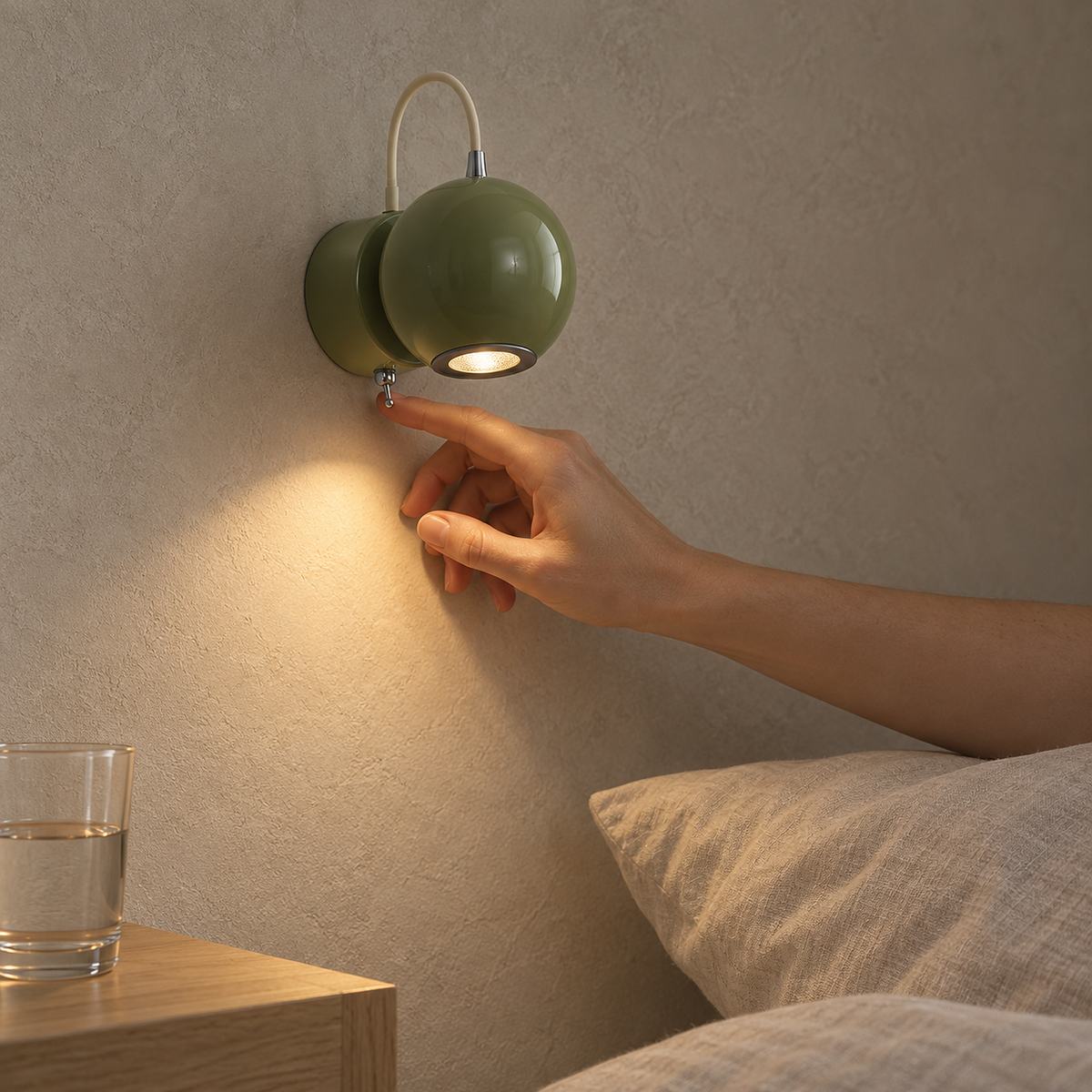 Lirema green bedside wall light leaving the nightstand free for a water glass in a sleeping alcove
