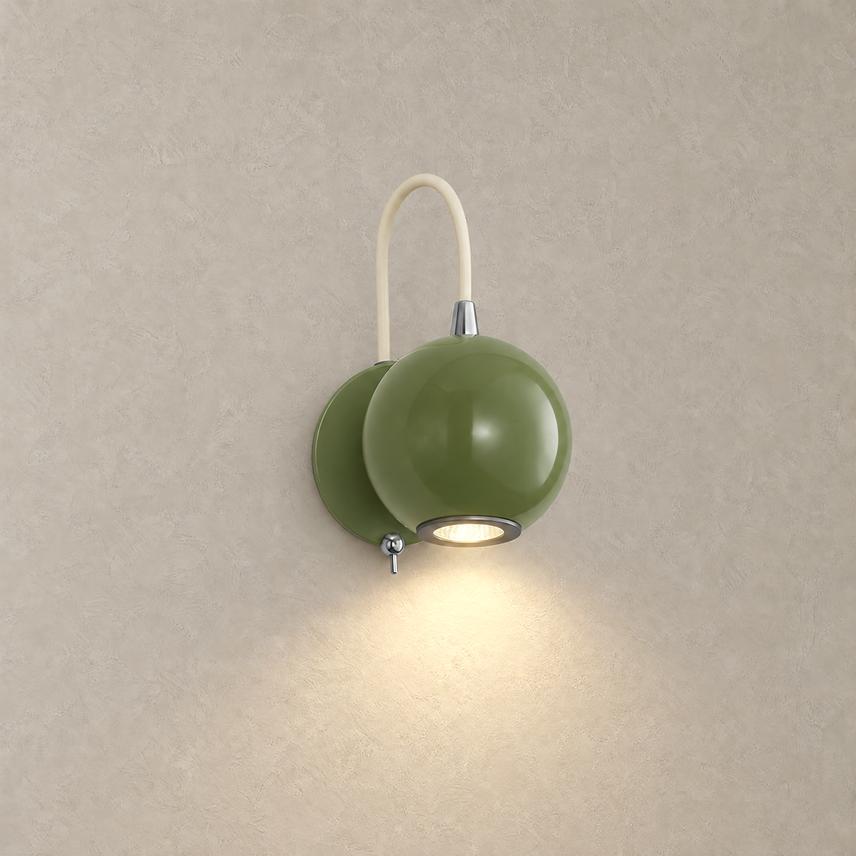 Lirema green LED wall sconce casting warm light down a plaster wall