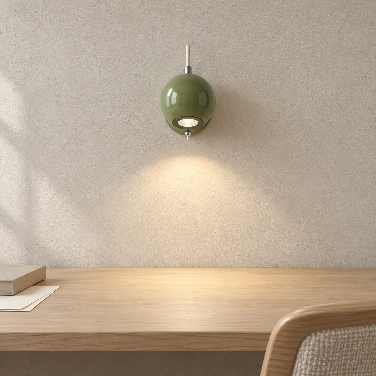 Lirema Green wall light casting warm light above a wooden desk with a closed book and papers, and a partial chair