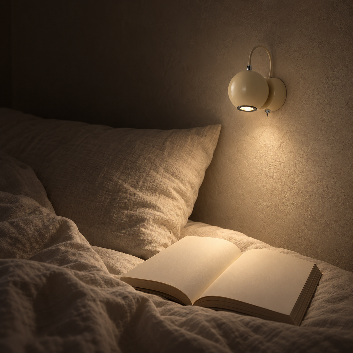 Lirema off white LED wall sconce lighting an open book on the bed at night #color_off white