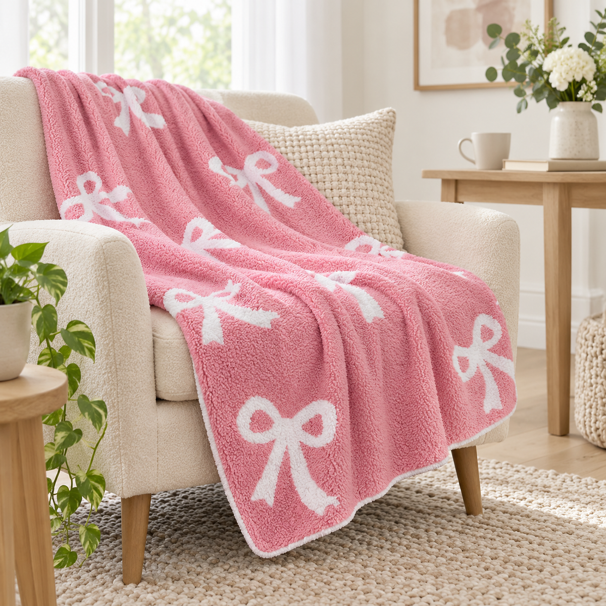Lirevan pink and white bow plush throw blanket corner draped on a craft room chair