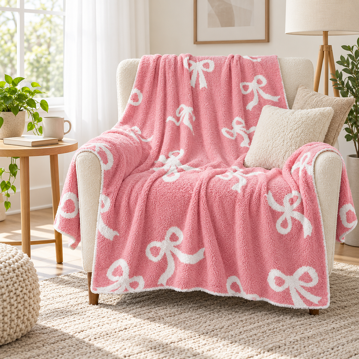 Lirevan pink and white bow soft throw blanket draped open on an armchair in a reading corner