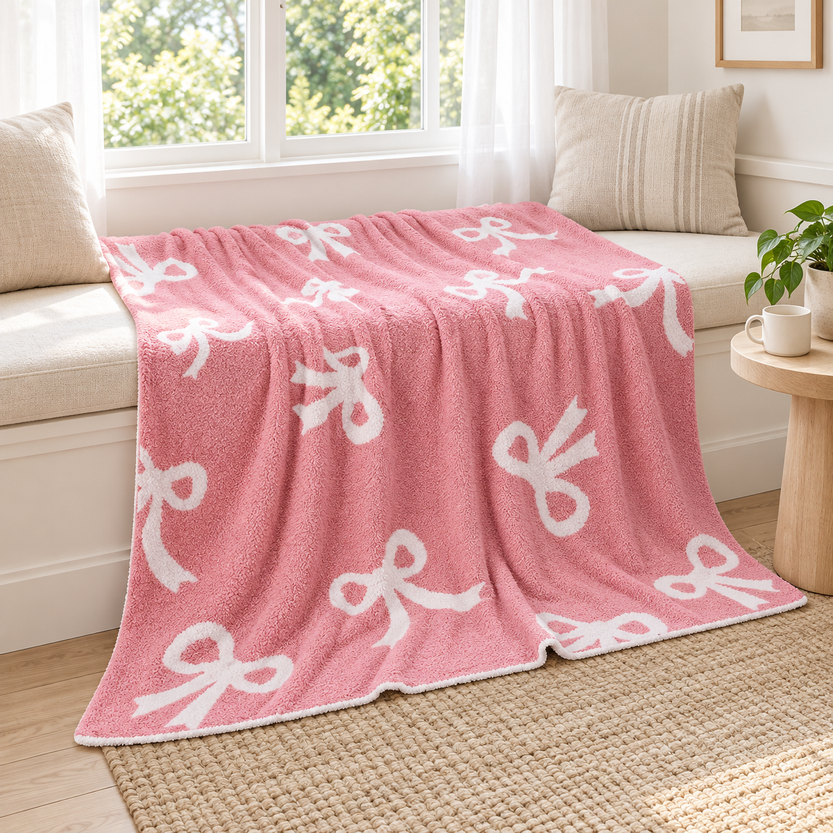 Lirevan pink and white bow soft throw blanket opened across a bright sunroom window seat