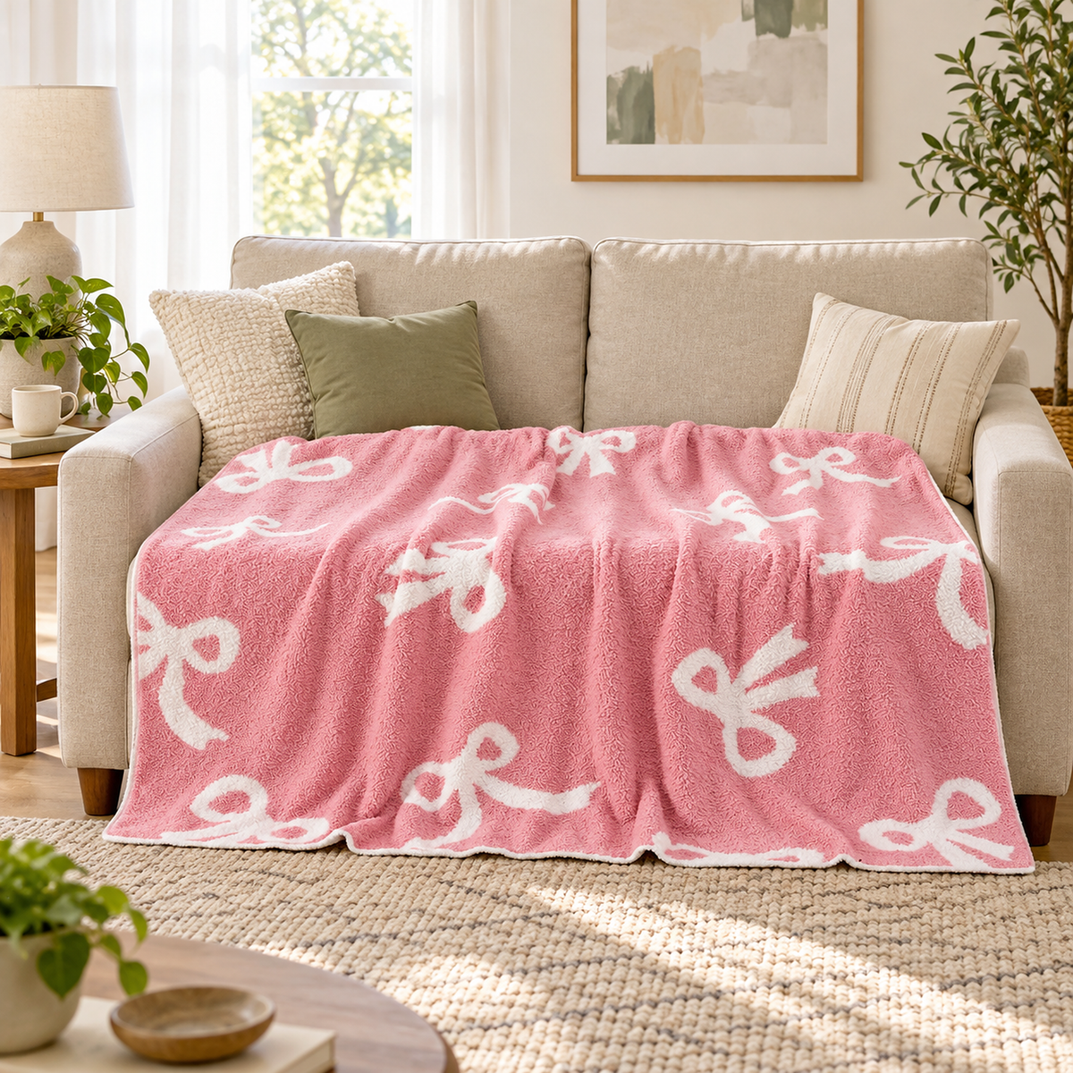 Lirevan pink bow throw blanket with white bows spread across a cream two seat sofa with cushions.