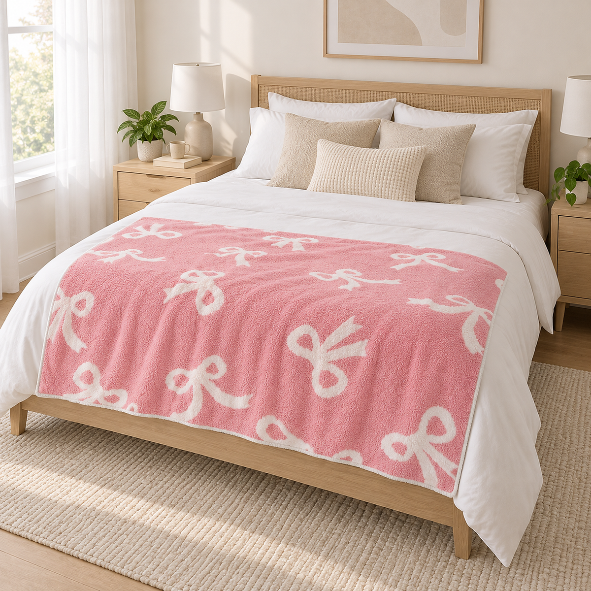 Lirevan pink and white bow throw blanket laid open at the foot of the bed in a main bedroom