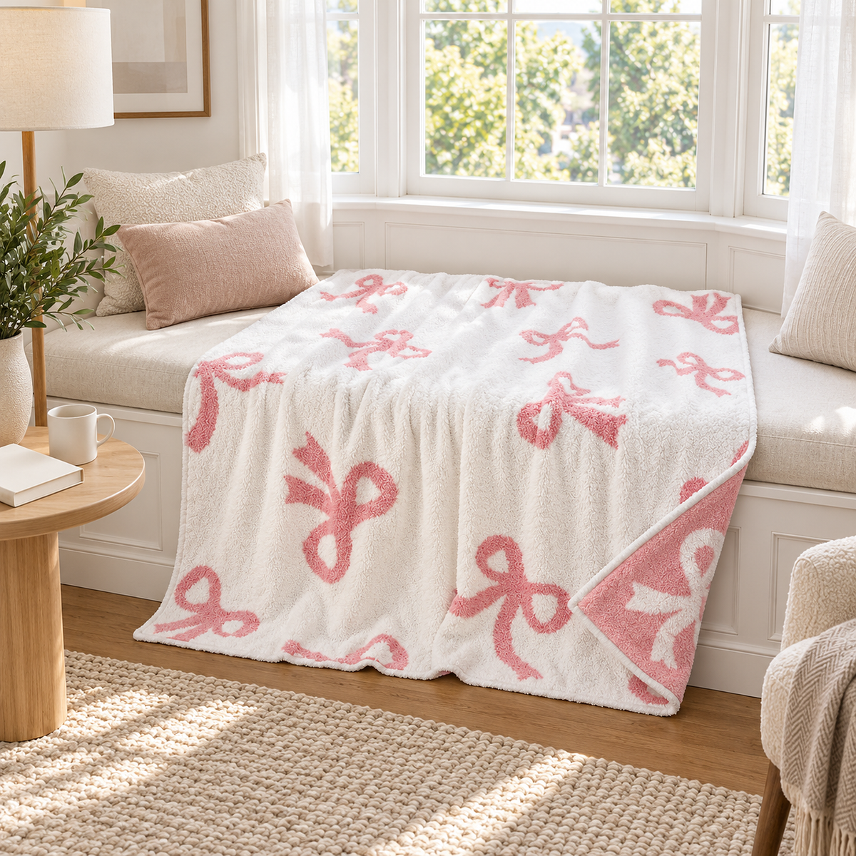 Lirevan white throw blanket with pink bows on a bay window seat, folded corner showing pink with white bows