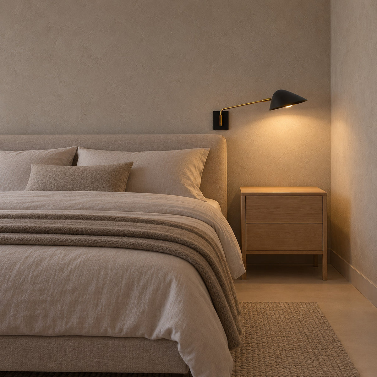 Lirmena black bedside wall light glowing above an empty nightstand in a guest room