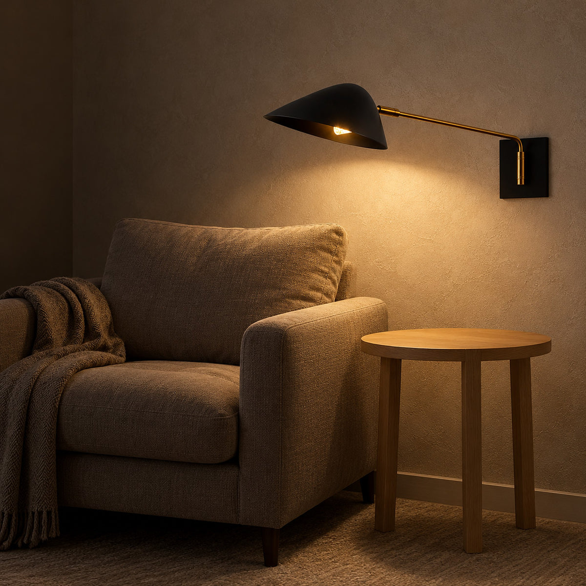 Lirmena black hardwired wall light glowing above an empty side table in the living room at night