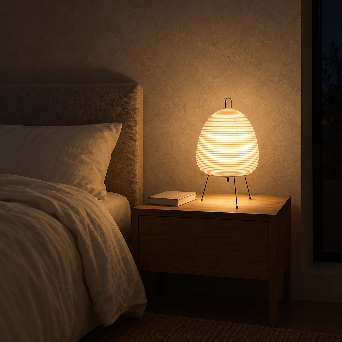 Lirveno white bedside lamp lighting a bedroom nightstand after dark