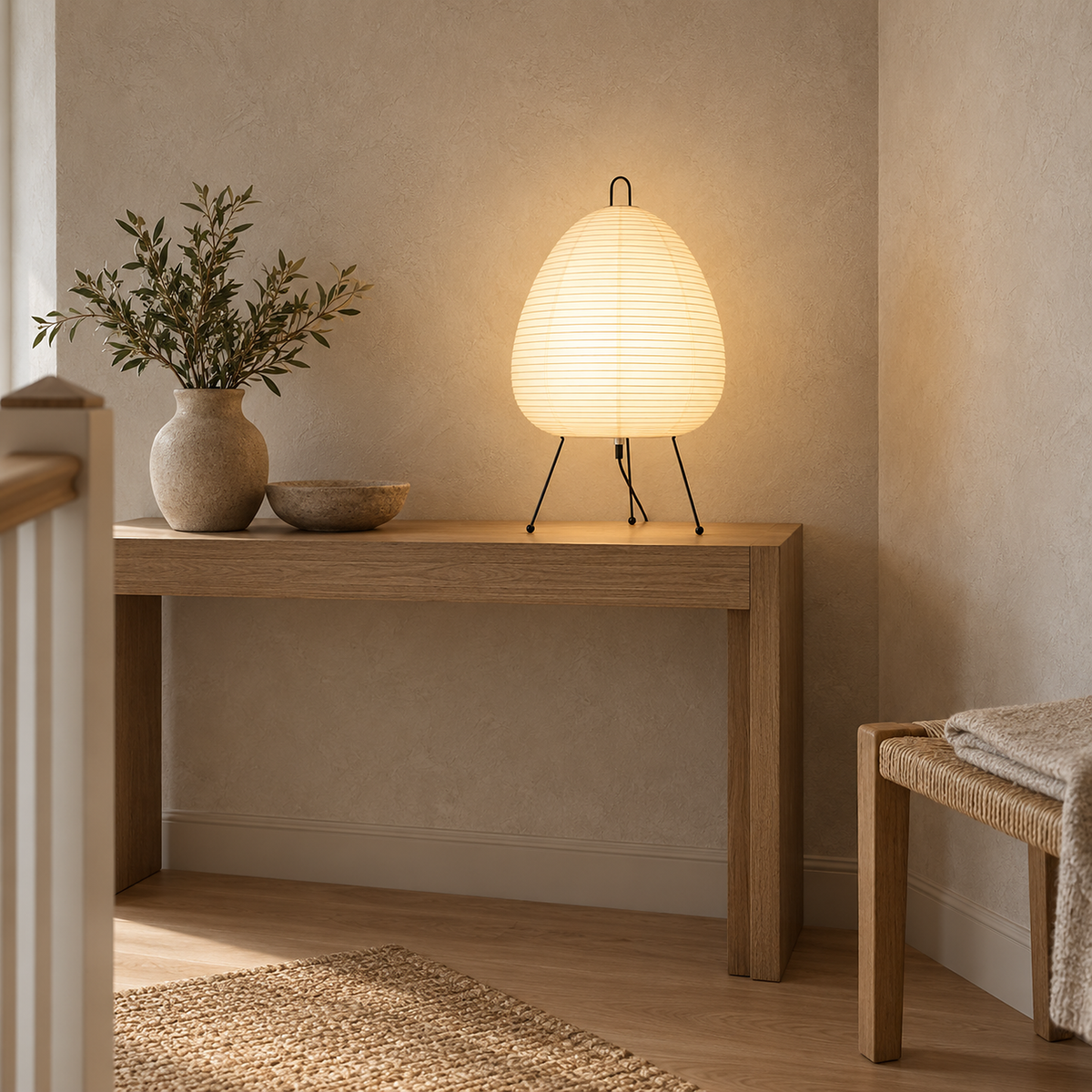 Lirveno white bedside lamp lit on an upstairs landing with part of its cord beneath the shade