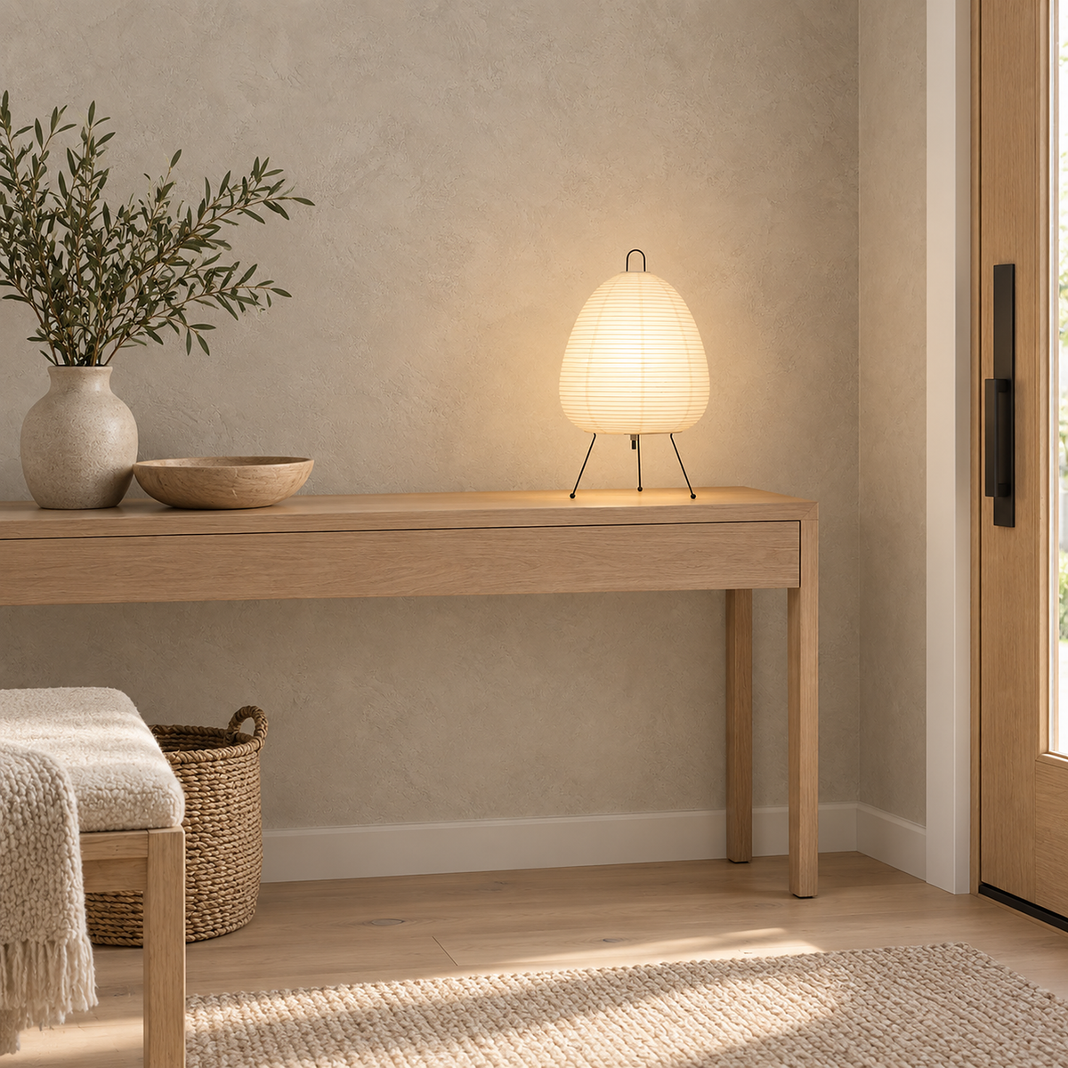Lirveno white rice paper table lamp glowing on an entryway console by the front door