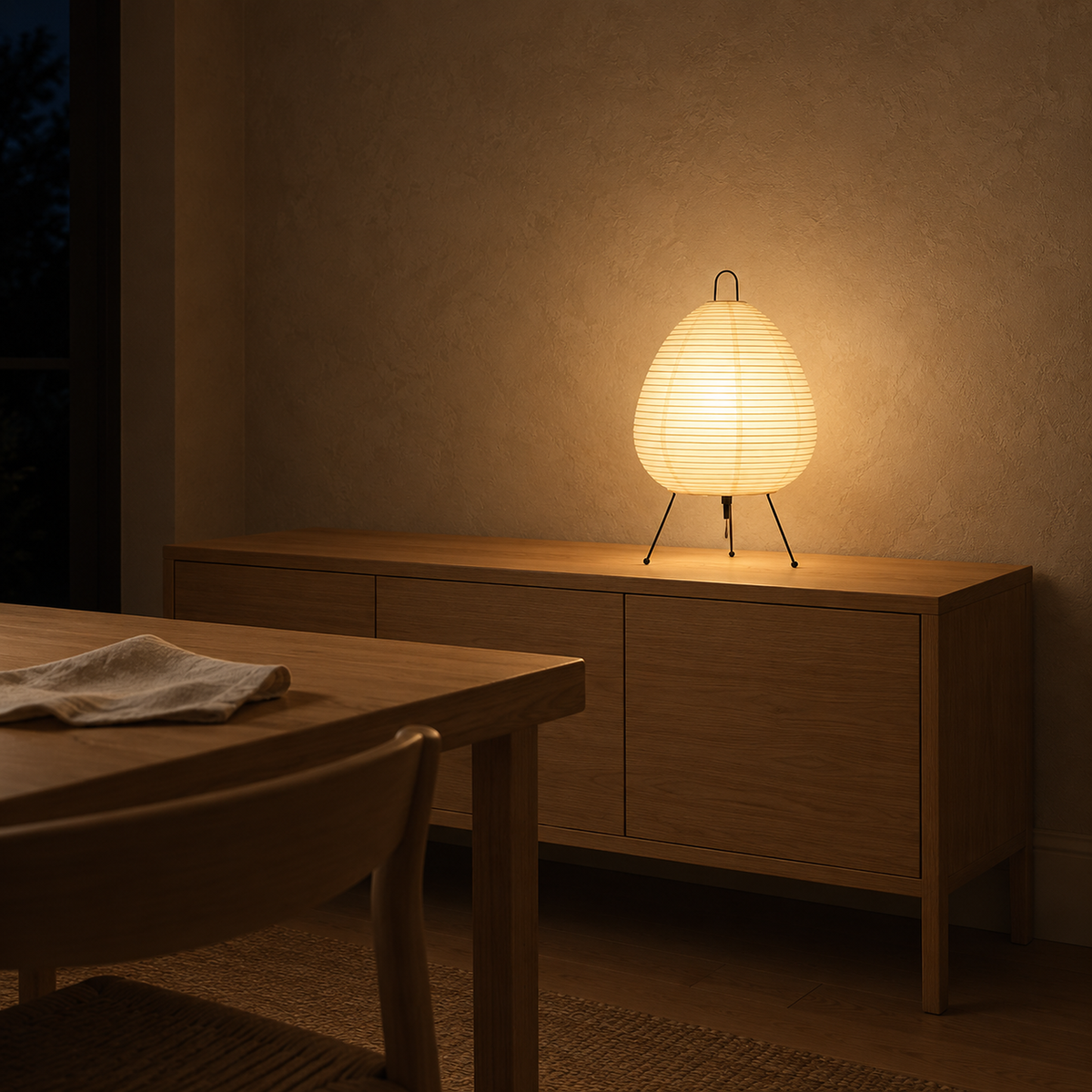 Lirveno white rice paper table lamp glowing over a dining room console after dark