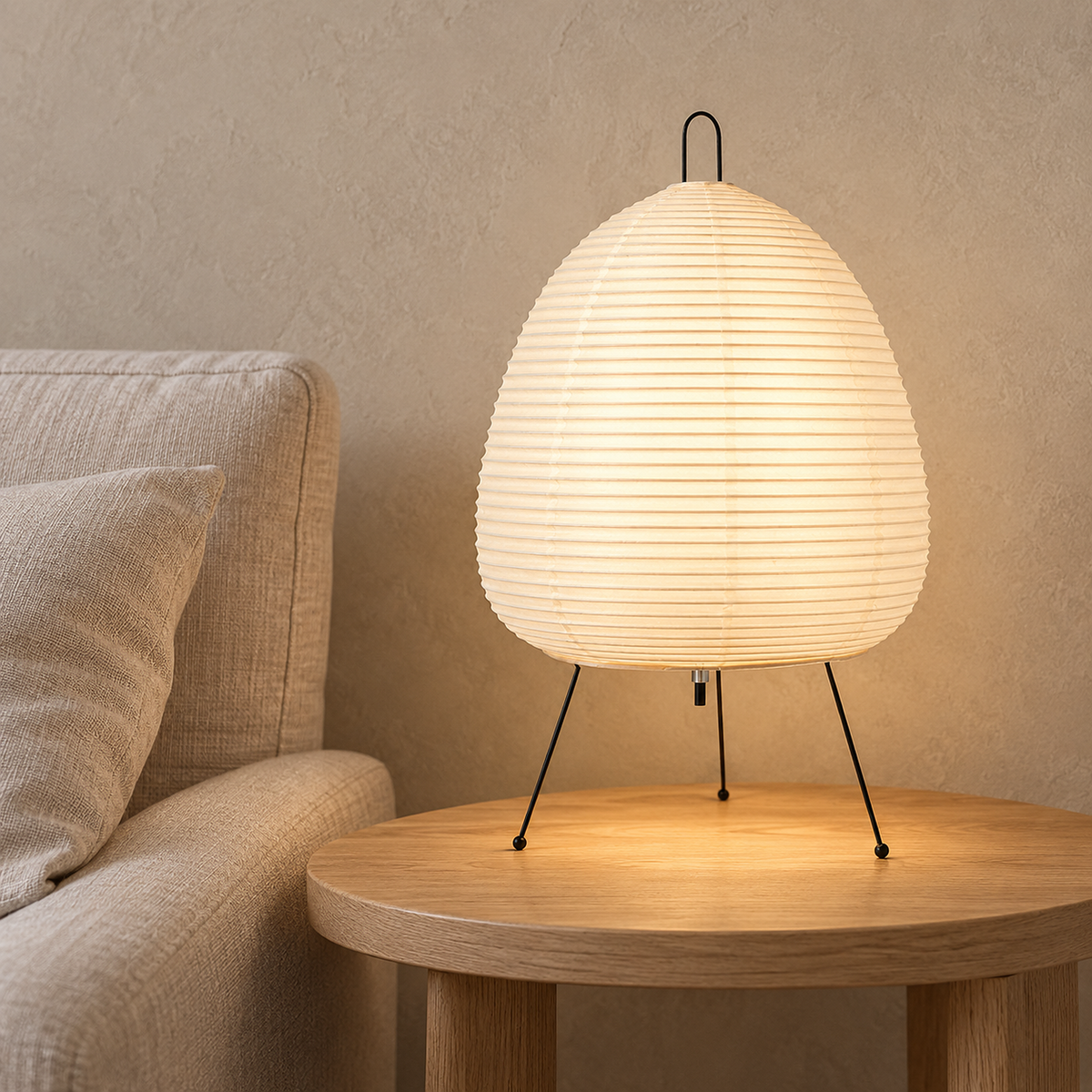Lirveno white table lamp glowing beside an oatmeal sofa in a daylit snug