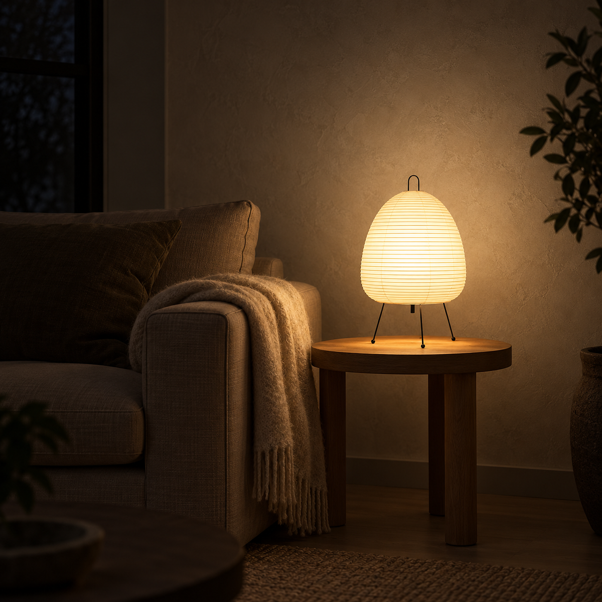 Lirveno white table lamp lighting a sofa corner in a cozy snug at night