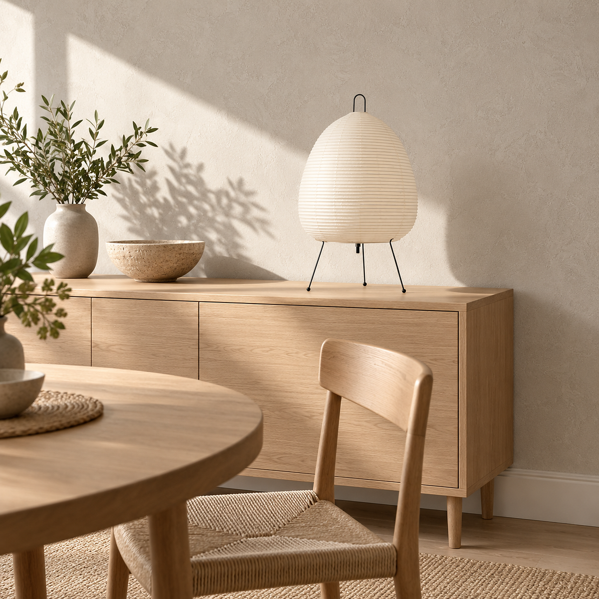 Lirveno white table lamp switched off on a sunlit dining room console