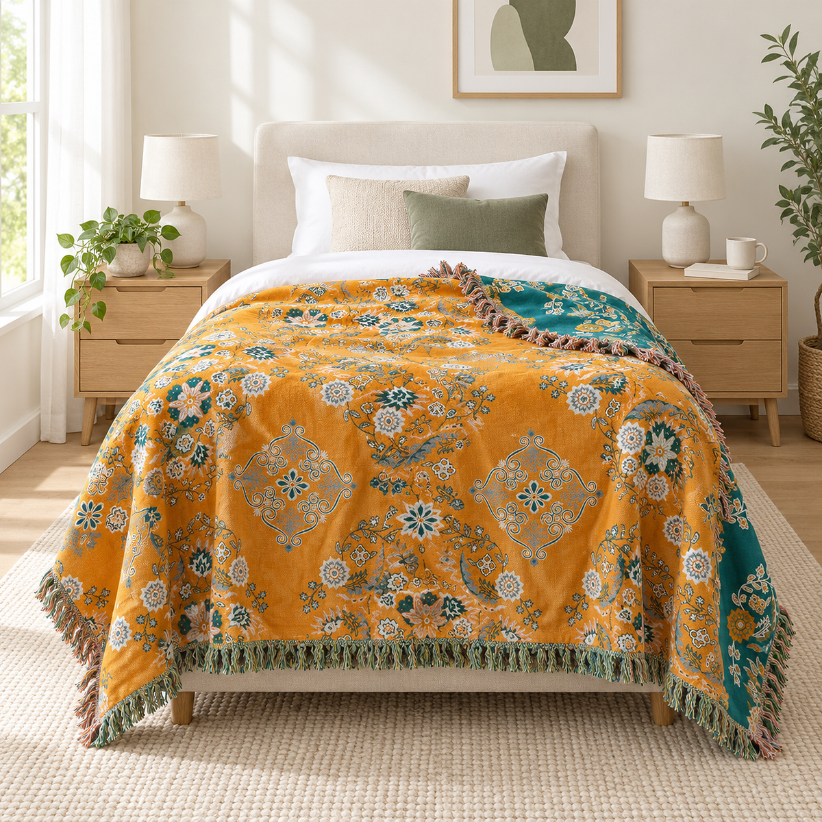 Lisevaro orange gold and teal cotton throw blanket centered on a twin bed showing how far the sides hang