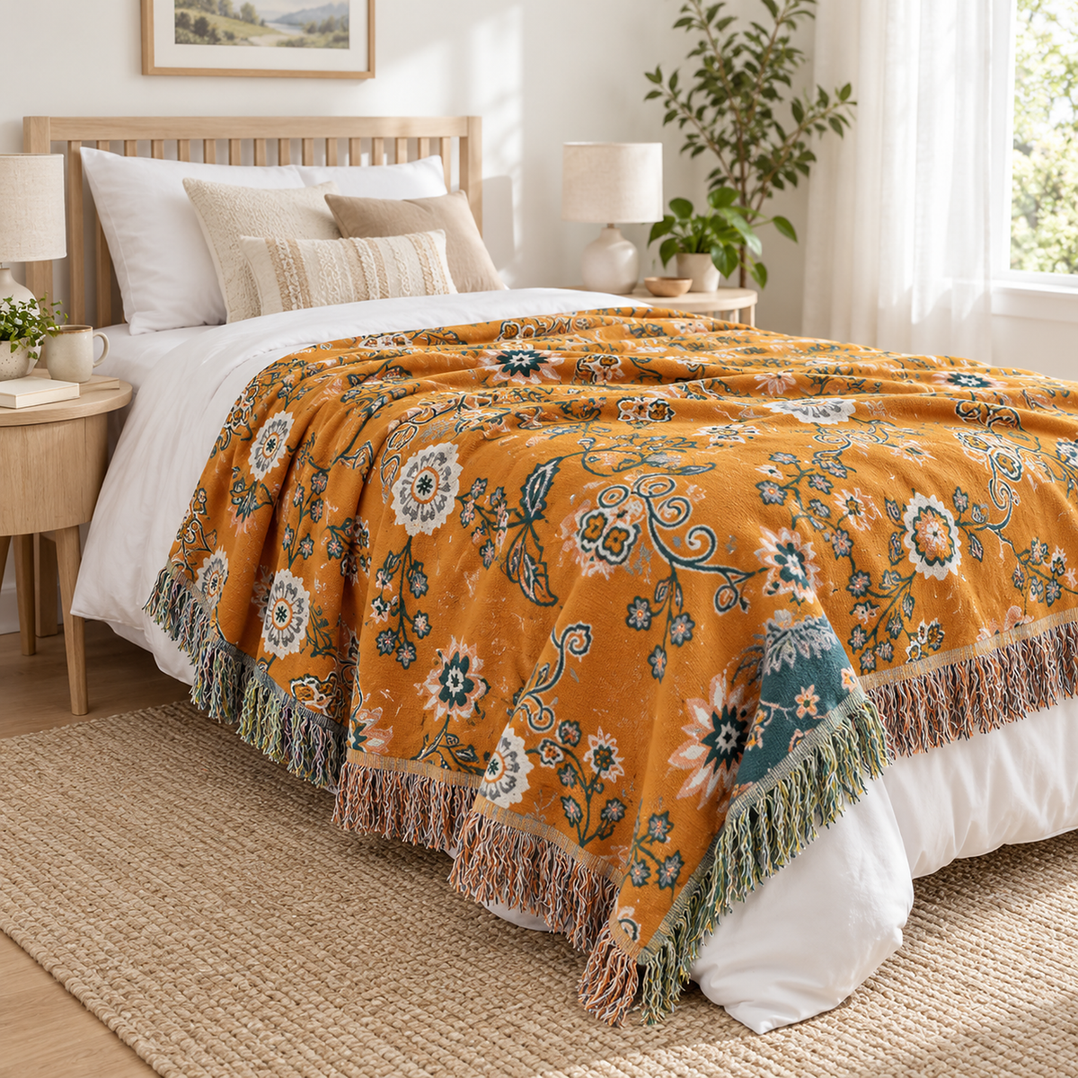 Lisevaro orange gold and teal cotton throw blanket with its fringed edge hanging down beside a twin bed