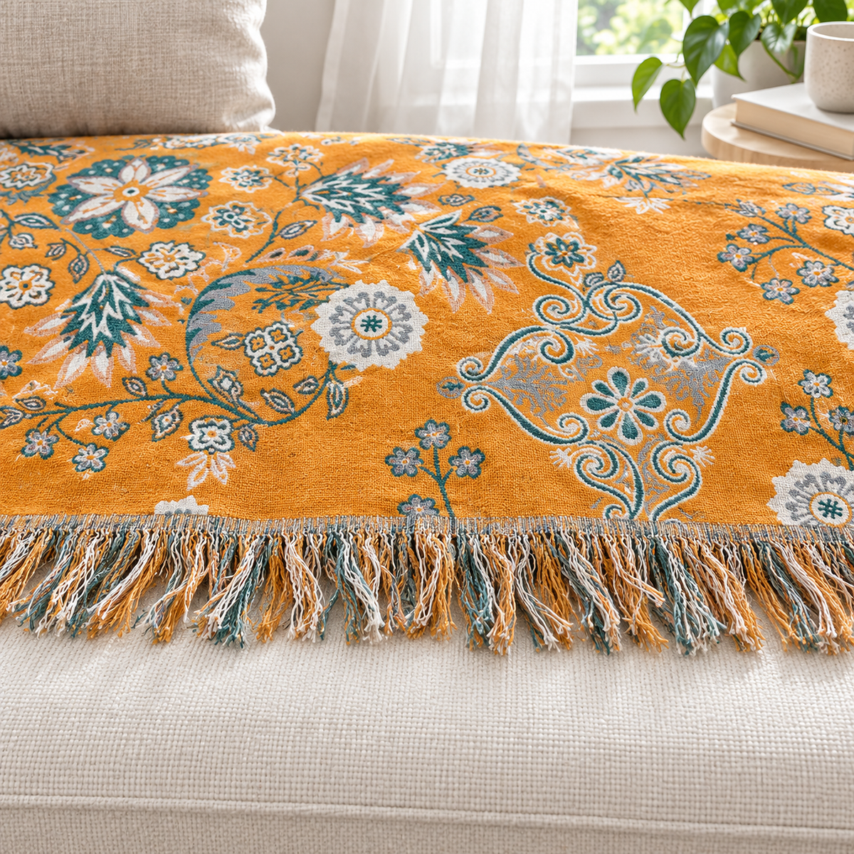 Lisevaro orange gold and teal throw blanket with a fringed edge draped on an ivory window seat