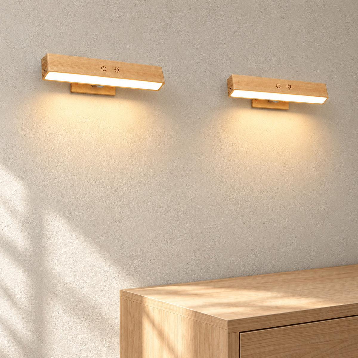 Lisomar main battery operated wall sconce glowing on a hallway wall in daylight