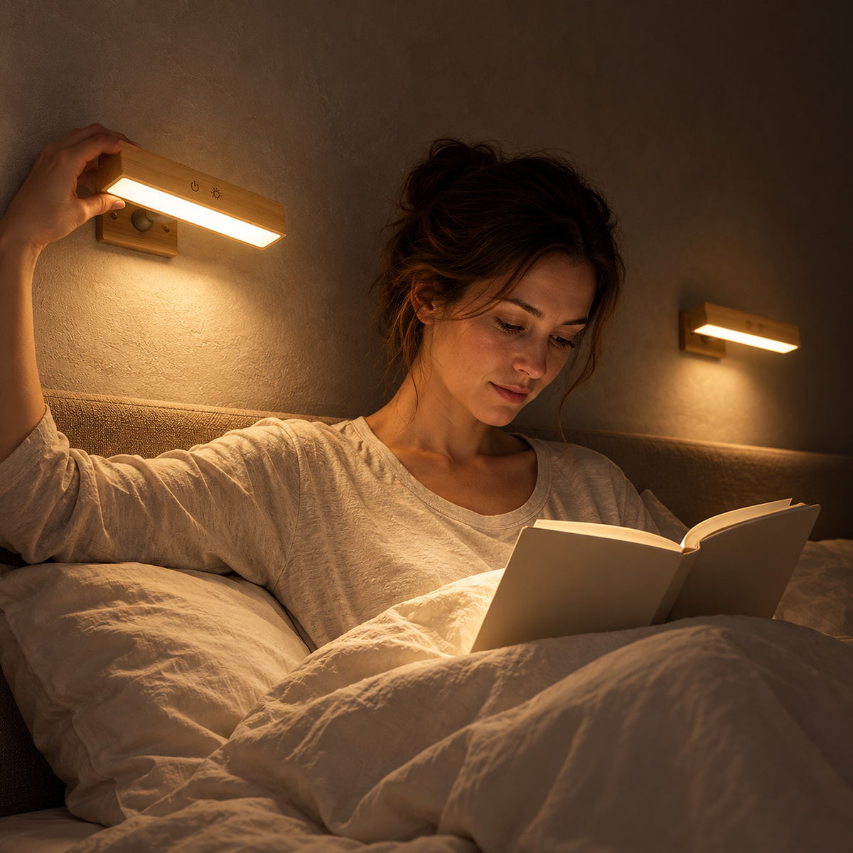 Lisomar main bedside wall light shining on a person reading in a guest sleeping alcove at night