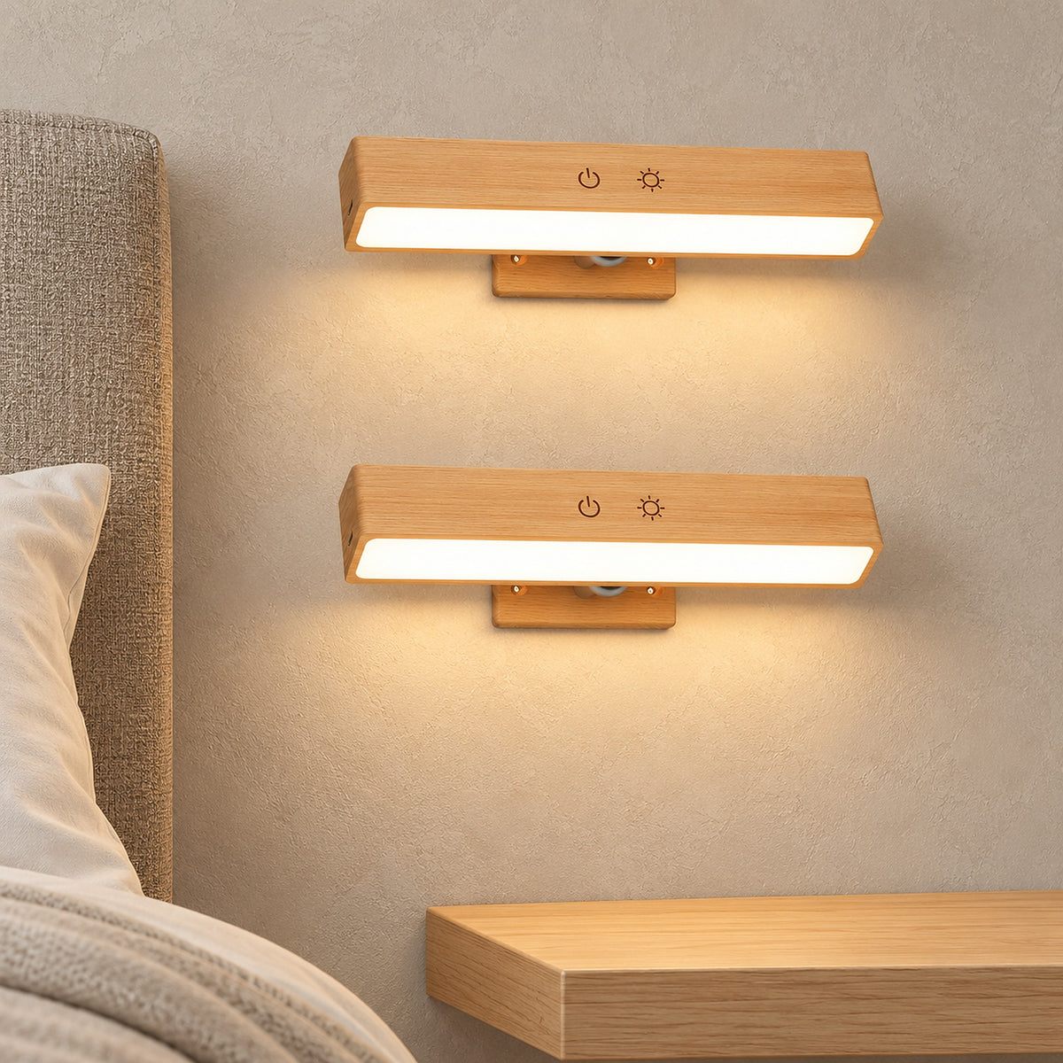 Lisomar main cordless wall lamp pair glowing above an empty bedside shelf in a guest sleeping alcove