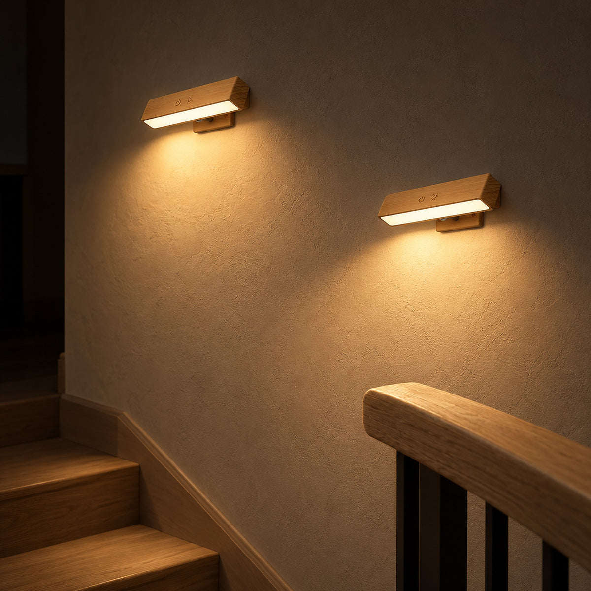 Lisomar main wall light lit at night, brightening a stair landing with its wooden light bar