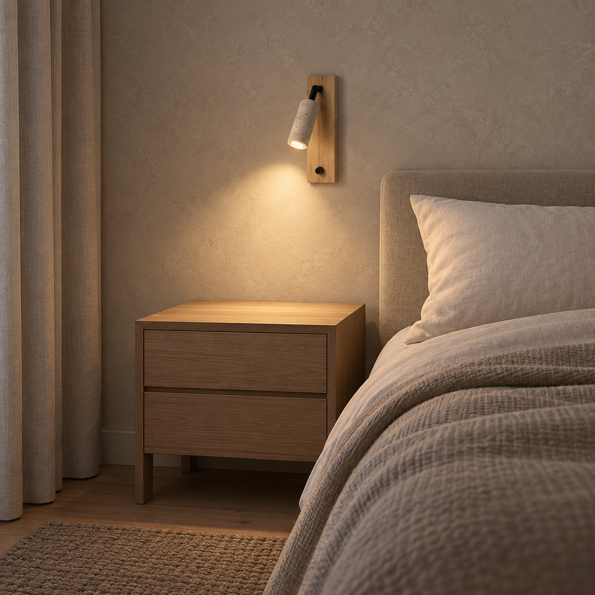 Lomarel wood bedside lamp glowing above a bare nightstand in late afternoon light
