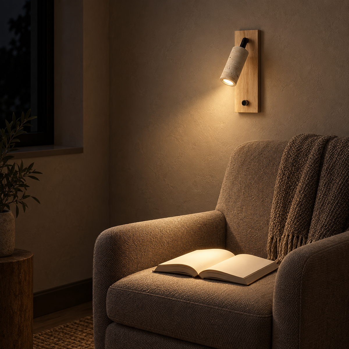 Lomarel wood LED reading wall sconce aimed at an open book in a reading nook at night