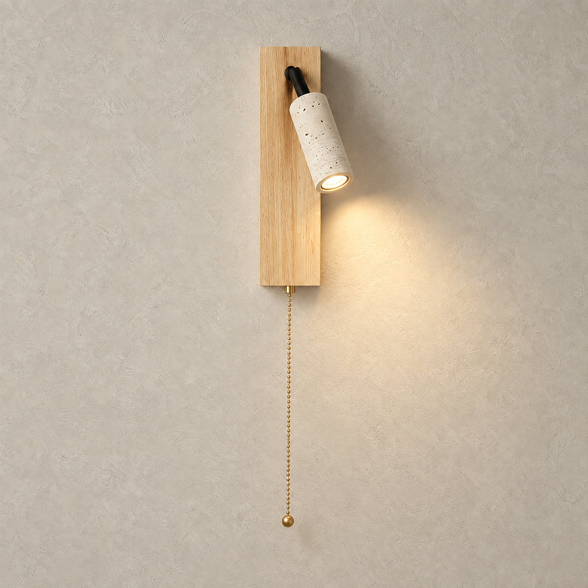 Lomarel wood LED reading wall sconce pull chain model lit alone on a plain studio plate
