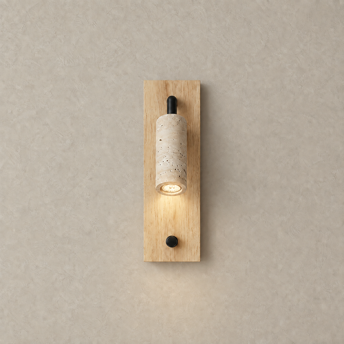Lomarel wood LED wall sconce casting a localized warm pool of light on plaster