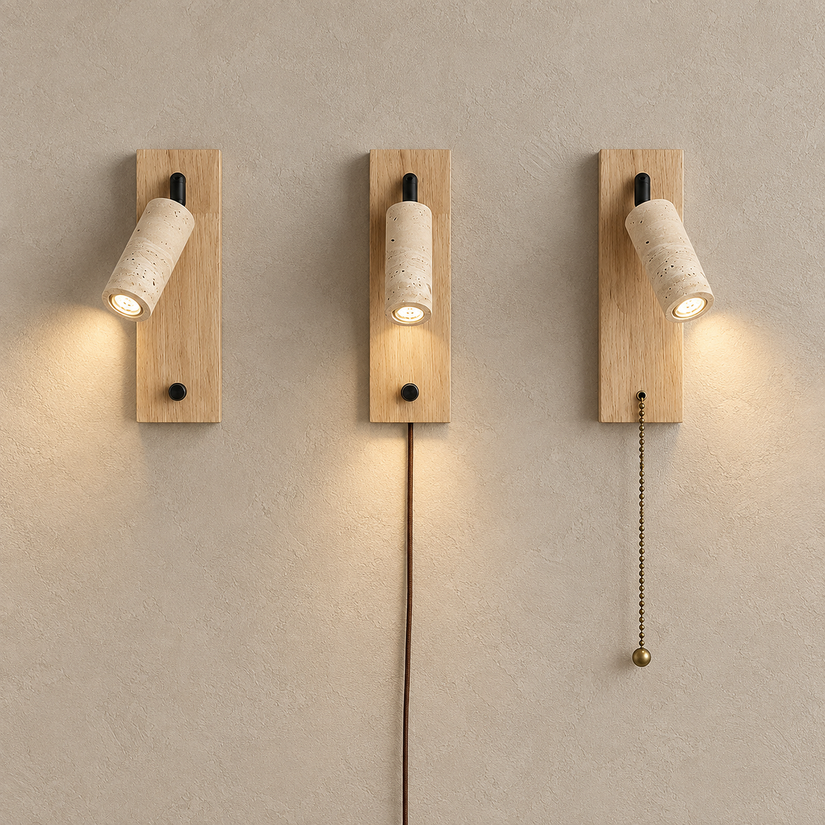 Lomarel wood LED wall sconce lineup showing dimmer switch plug in and pull chain designs