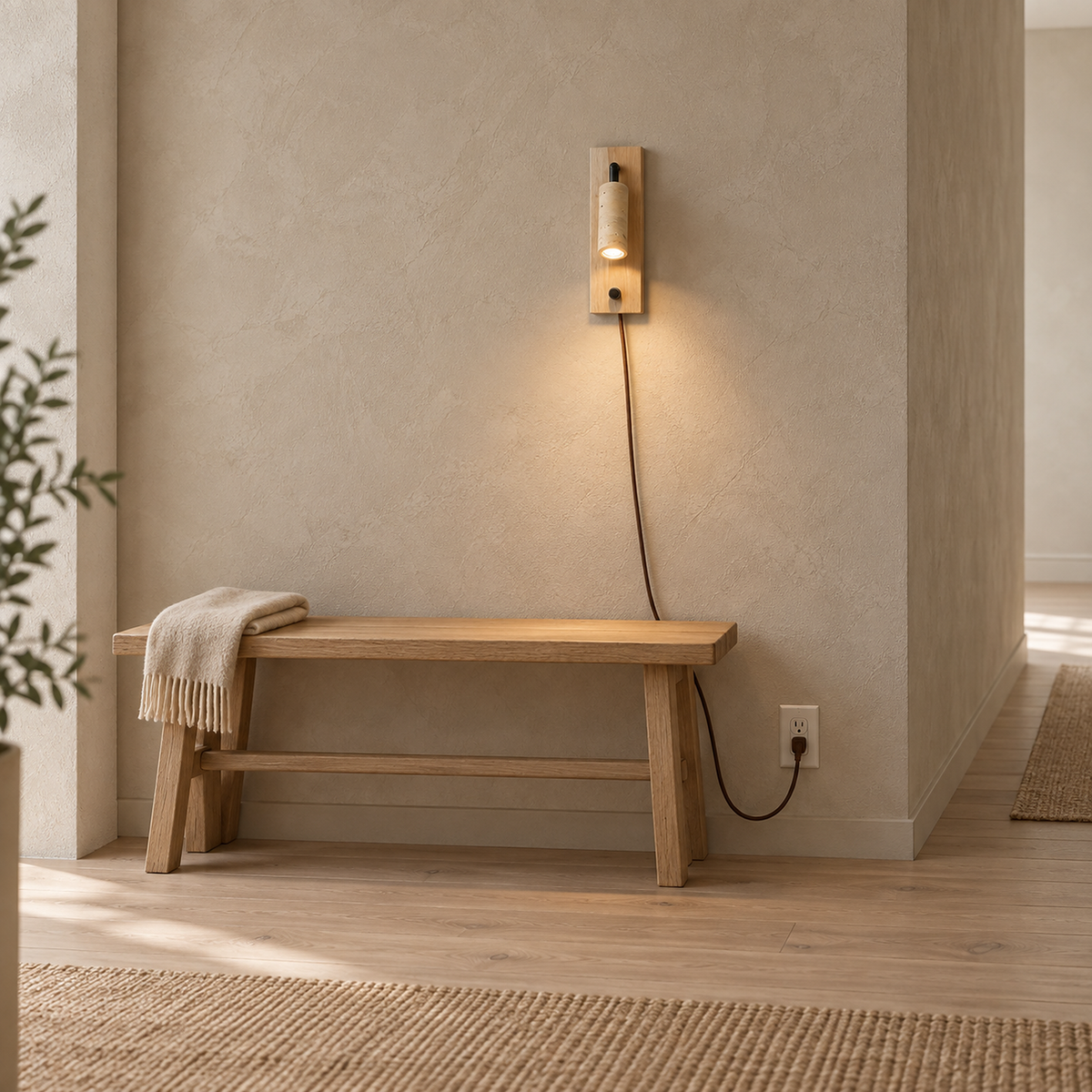 Lomarel wood LED wall sconce plugged into a covered hallway outlet in daylight